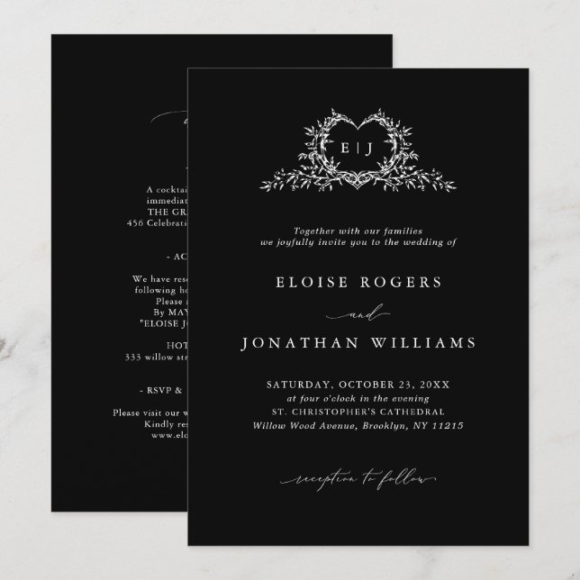 Modern Minimalist Chic Calligraphy Crest Wedding Invitation (Front/Back)