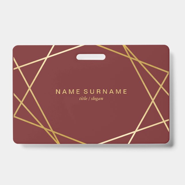 Modern Minimalist Chic Geometric Gold Burgundy ID Badge (Front)