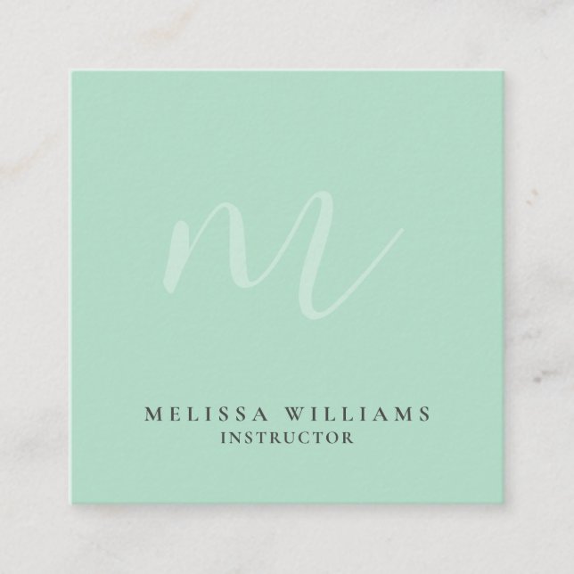 Modern Minimalist Chic Monogram Pastel Mint Luxury Square Business Card (Front)
