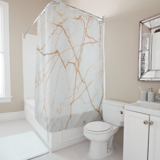 modern minimalist chic scandinavian white marble shower curtain (In Situ)