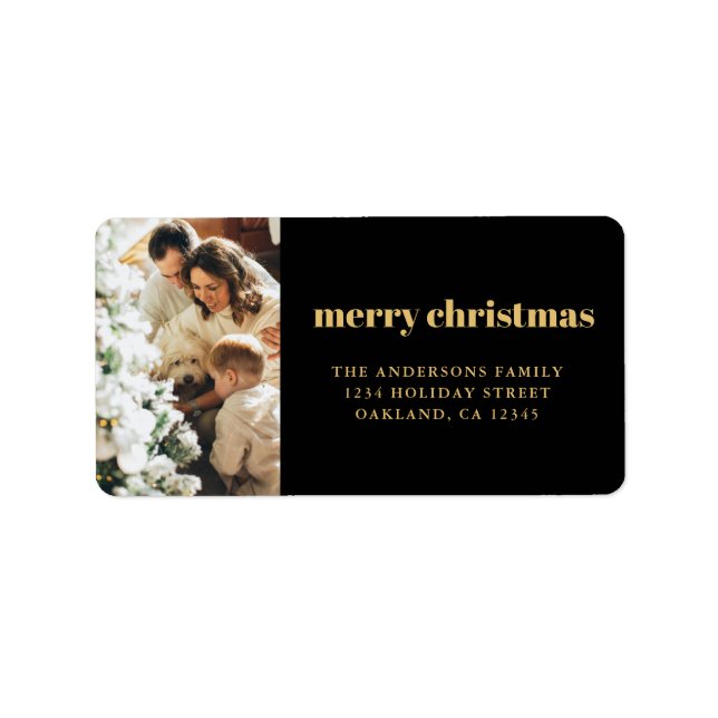 Modern Minimalist Christmas Family Photo Black Lab Label (Front)