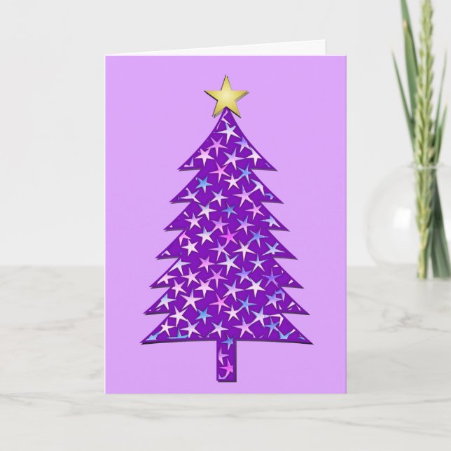 Modern Minimalist Christmas Tree in Purple Stars Holiday Card (Front)