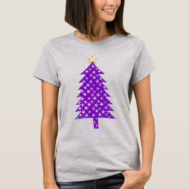 Modern Minimalist Christmas Tree in Purple Stars T-Shirt (Front)
