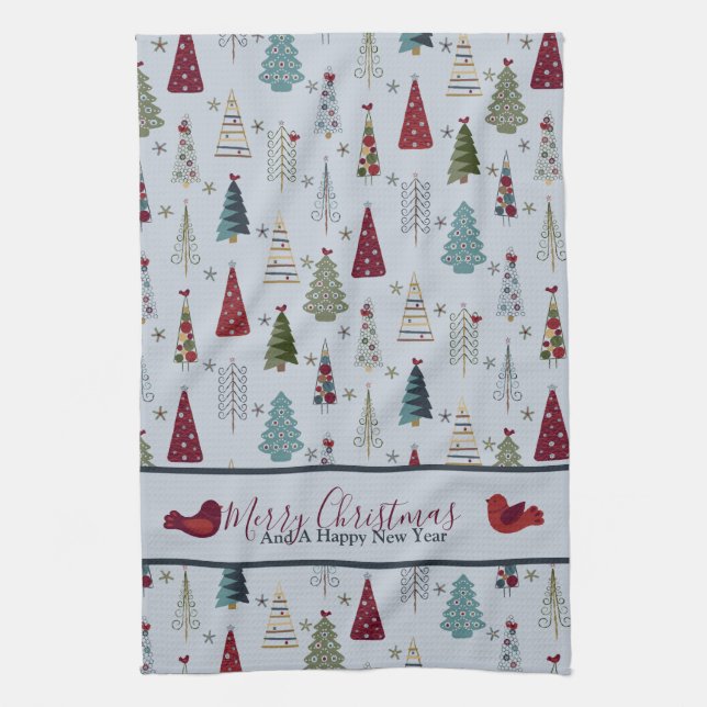 Modern Minimalist Christmas Tree Pattern Blue Red Tea Towel (Vertical)