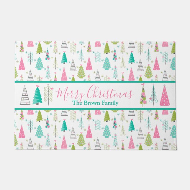 Modern Minimalist Christmas Tree Pattern Pink Teal Doormat (Front)