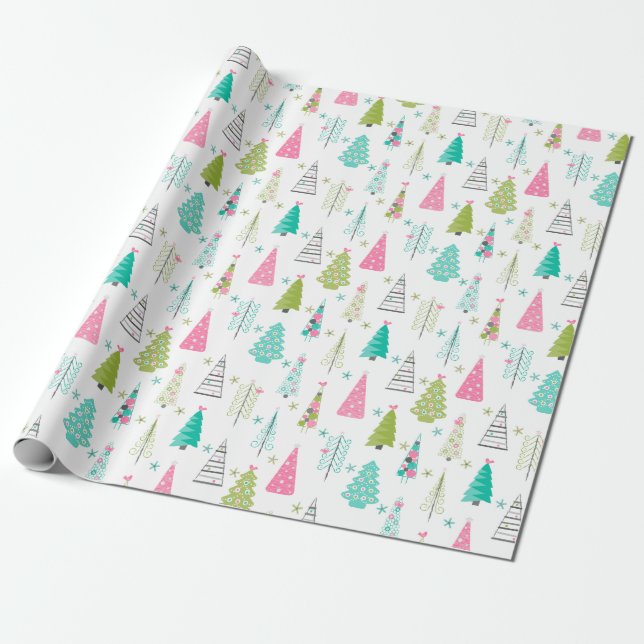 Modern Minimalist Christmas Tree Pattern Pink Teal Wrapping Paper (Unrolled)