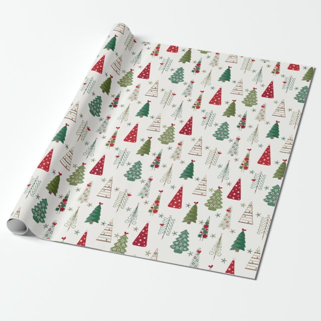 Modern Minimalist Christmas Tree Pattern Red Green Wrapping Paper (Unrolled)