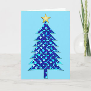 Modern Minimalist Christmas Tree with Blue Stars Holiday Card
