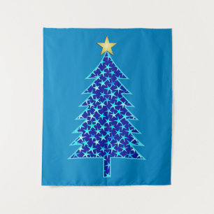 Modern Minimalist Christmas Tree with Blue Stars Tapestry