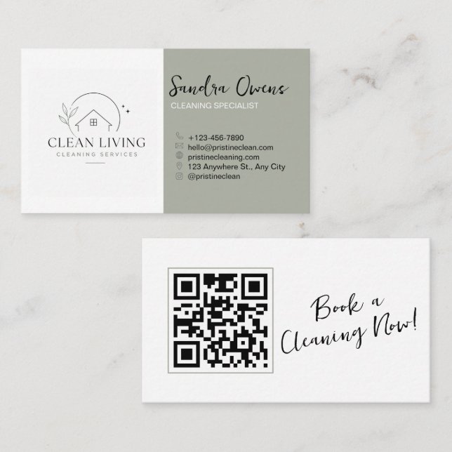 Modern Minimalist Cleaning Services QR Code Business Card (Front/Back)
