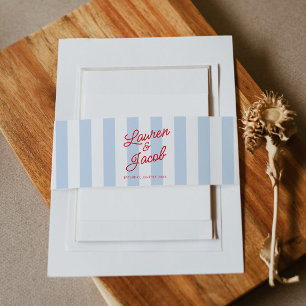 Modern Minimalist Coastal Red Blue Stripes Wedding Invitation Belly Band