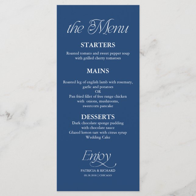 Modern Minimalist Cobalt Blue Wedding Menu (Front)