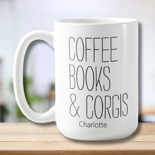 Modern Minimalist Coffee Books & Corgis Add Name  Coffee Mug (Creator Uploaded)