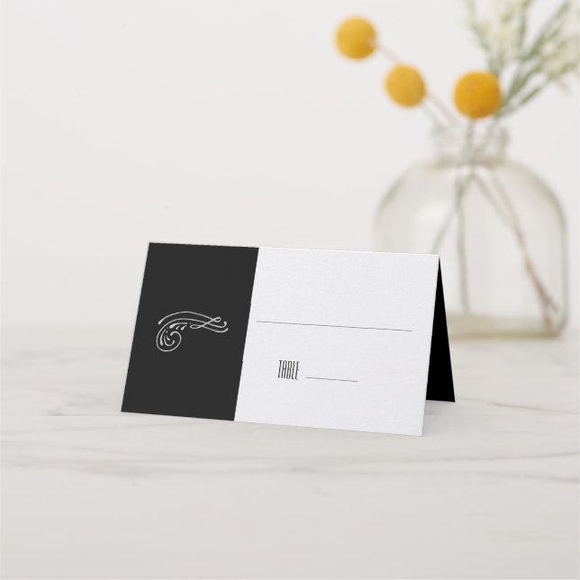 Modern Minimalist Colour Block Black/White Wedding Place Card (Front)