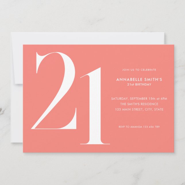 Modern Minimalist Coral Pink 21st Birthday Invitation (Front)
