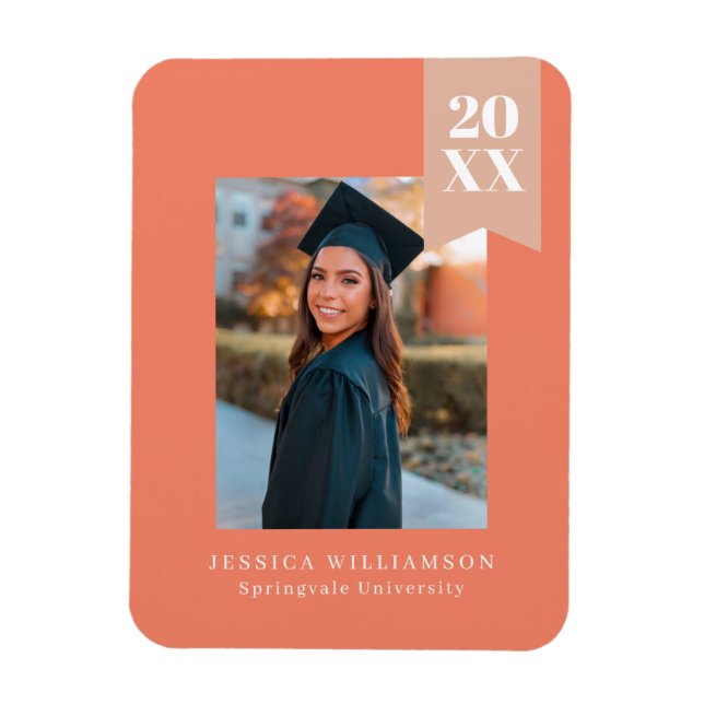 Modern Minimalist Coral Pink Ribbon Grad Photo Ann Magnet (Vertical)