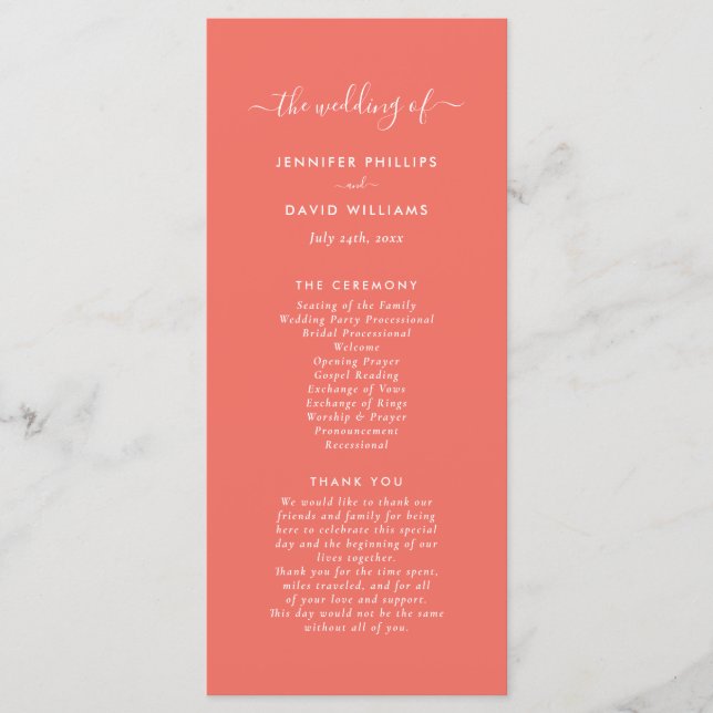 Modern Minimalist Coral Wedding Program (Front)