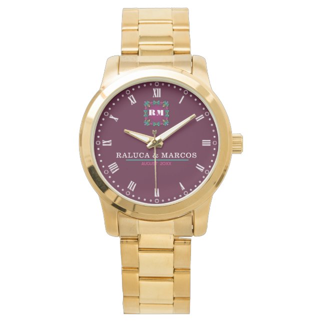 Modern Minimalist Couple Name  Burgundy Watch (Front)