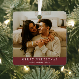 Modern Minimalist Couple Photo Red Christmas Metal Tree Decoration