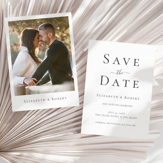 Modern Minimalist Couple Photo Save the Date Invitation (Modern Minimalist Couple Photo Save the Date Invitation on a sunny neutral dry palm leaf.)