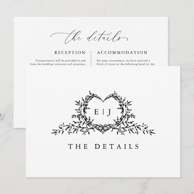 Modern Minimalist Crest monogram wedding Details Enclosure Card (Front/Back)