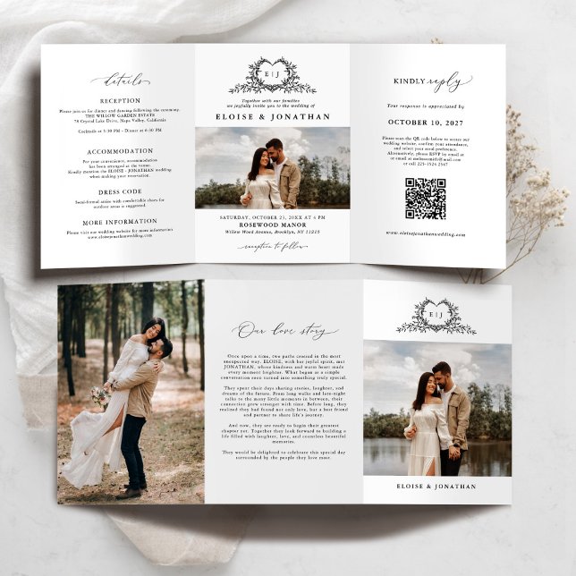 Modern Minimalist Crest monogram Wedding Invite (Modern Minimalist Crest monogram QR code photo Wedding Invite)