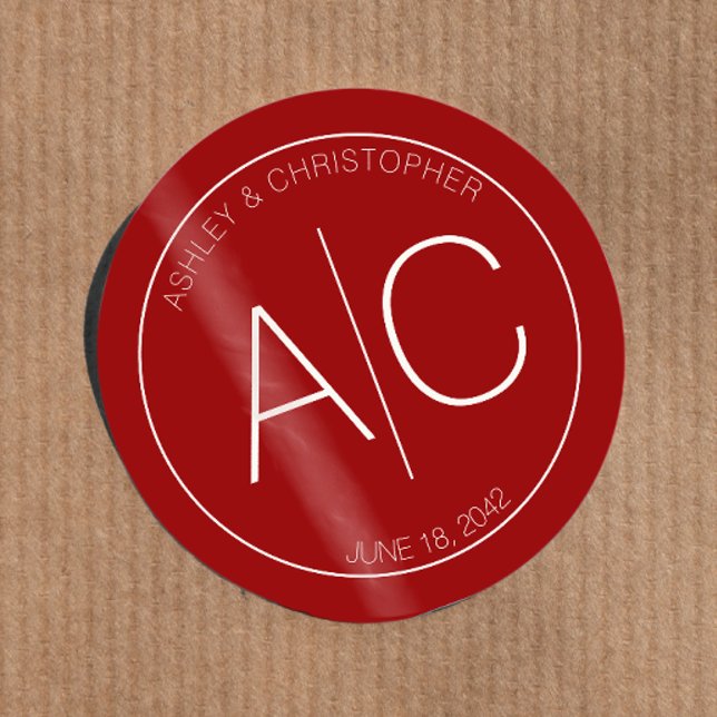 Modern Minimalist Crimson Red Wedding Classic Round Sticker (Creator Uploaded)