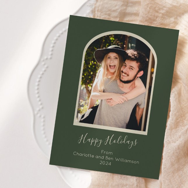 Modern Minimalist Custom Arch Photo Green Holiday Card (Creator Uploaded)