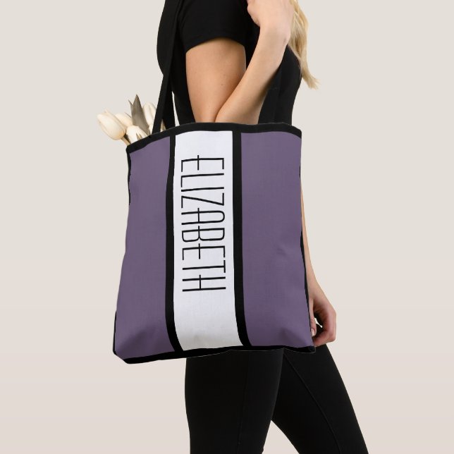 Modern Minimalist Custom Name Purple Bold Stripes Tote Bag (Close Up)