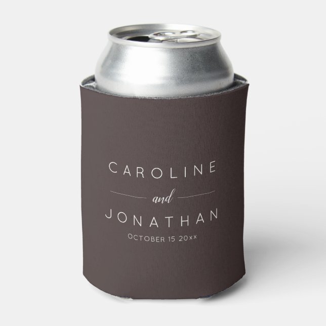 Modern Minimalist Custom Wedding Names Fall Brown Can Cooler (Can Front)