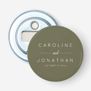 Modern Minimalist Custom Wedding Names Olive Moss Bottle Opener