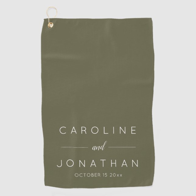 Modern Minimalist Custom Wedding Names Olive Moss Golf Towel (Front)