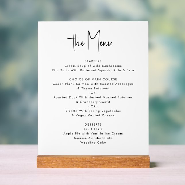 Modern Minimalist Custom White Wedding Menu Acrylic Sign (Neutral)