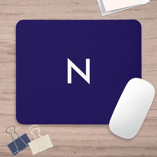 Modern Minimalist Dark Blue Monogrammed Mouse Pad (A minimalist, modern, navy blue mouse mat, personalized with a white monogram initial)