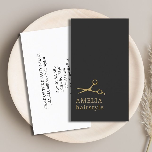 Modern Minimalist Dark Faux Gold Hair Stylist Business Card (Creator Uploaded)