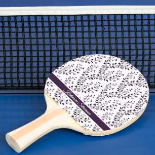 Modern Minimalist Dark Plum White Floral Script Ping Pong Paddle