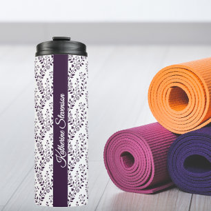 Modern Minimalist Dark Plum White Floral Script Thermal Tumbler