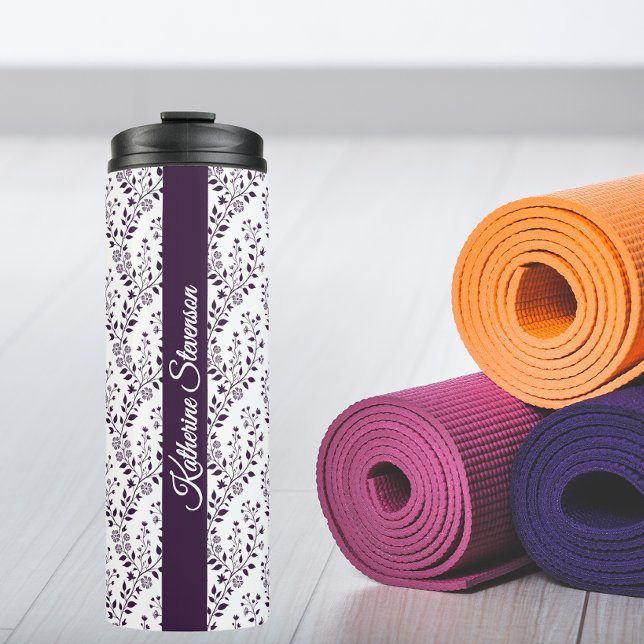 Modern Minimalist Dark Plum White Floral Script Thermal Tumbler (Creator Uploaded)