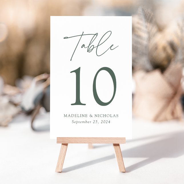 Modern Minimalist Dark Sage Green Script Wedding Table Number (Creator Uploaded)