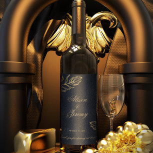 Modern Minimalist Deep Blue & Gold Botanical Bloom Wine Label