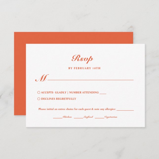 Modern Minimalist Deep Orange Meal Choice Wedding RSVP Card (Front/Back)