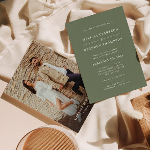 Modern Minimalist Deep Sage Green Photo Wedding Invitation