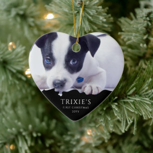 Modern Minimalist Dog's First Christmas Photo Ceramic Ornament
