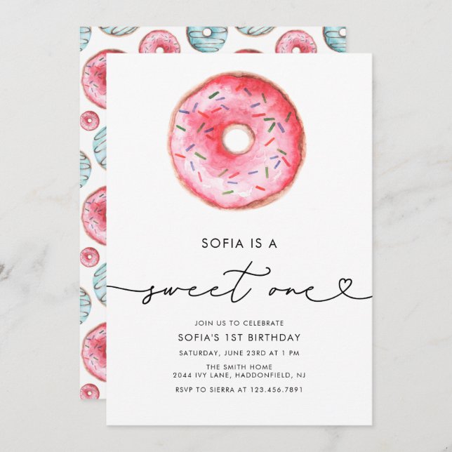 Modern Minimalist Doughnut Sweet One Birthday Invitation (Front/Back)