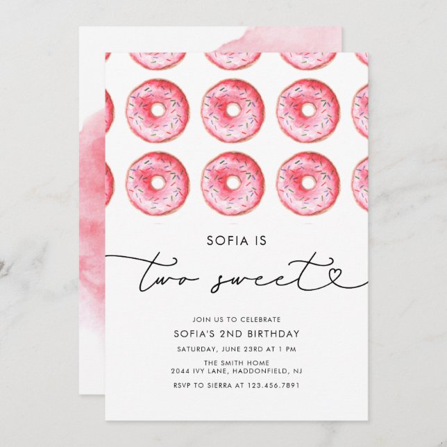 Modern Minimalist Doughnut Two Sweet Birthday Invitation (Front/Back)
