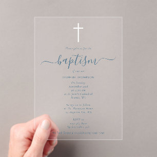 Modern Minimalist Dusty Blue Christening Baptism Acrylic Invitations