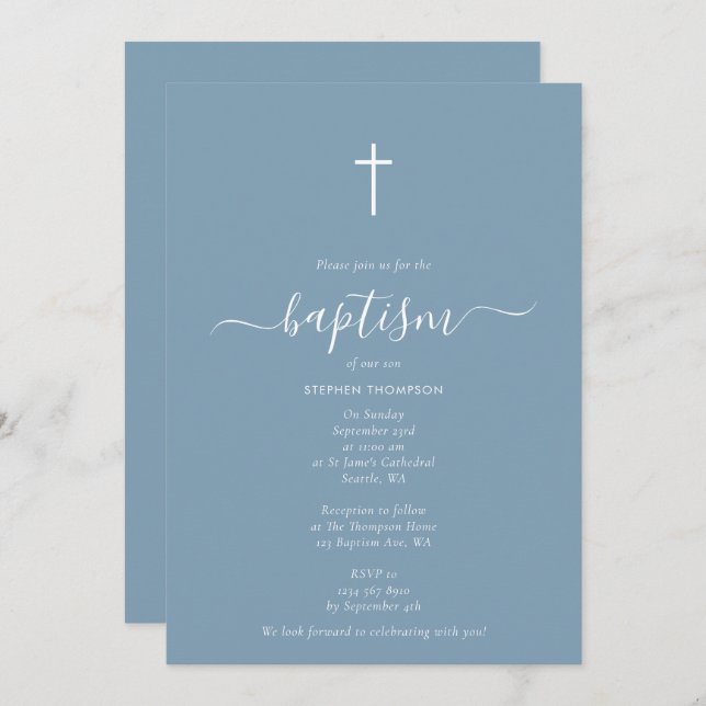 Modern Minimalist Dusty Blue Christening Baptism Invitation (Front/Back)
