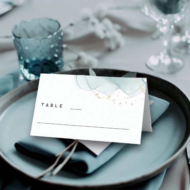 Modern Minimalist Dusty Blue Gold Beach Wedding Place Card (modern dusty blue gold beach wedding table number summer waves elegant bohemian romantic simple chic)