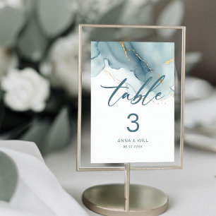 Modern Minimalist Dusty Blue Gold Beach Wedding Table Number