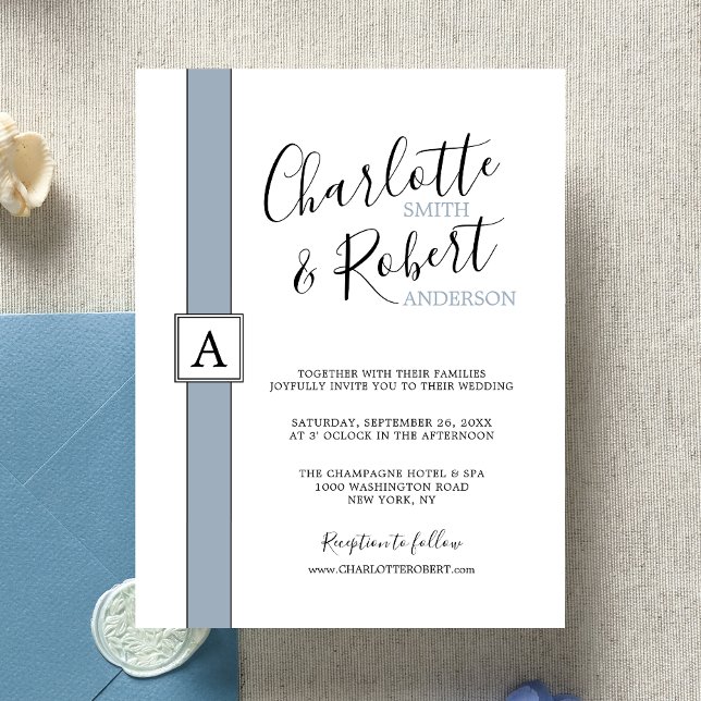 Modern Minimalist Dusty Blue Monogram Wedding Invitation (Creator Uploaded)